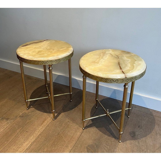 Image 1 of Pair of vintage round brass sofa ends with onyx top