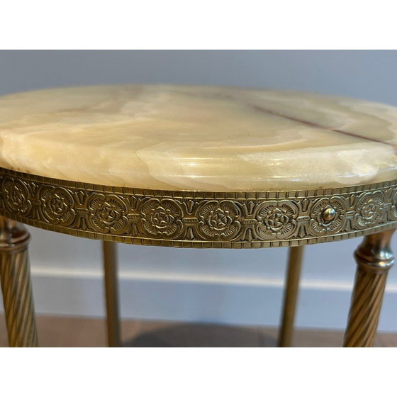 Image 1 of Pair of vintage round brass sofa ends with onyx top