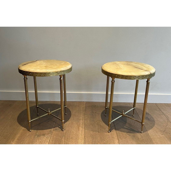 Image 1 of Pair of vintage round brass sofa ends with onyx top