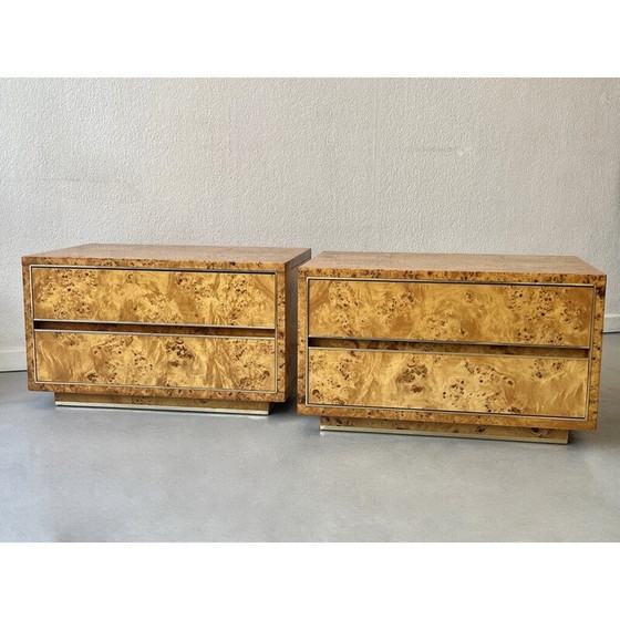 Image 1 of Pair of vintage nightstands in burl wood and brass, 1970