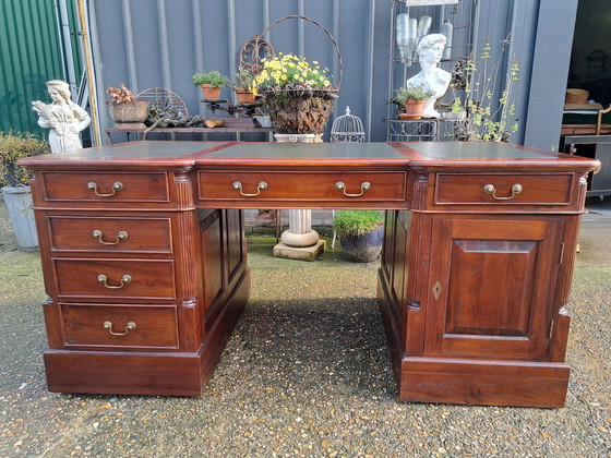 Image 1 of Large Classic English Desk, Writing Table, Desk With Leather