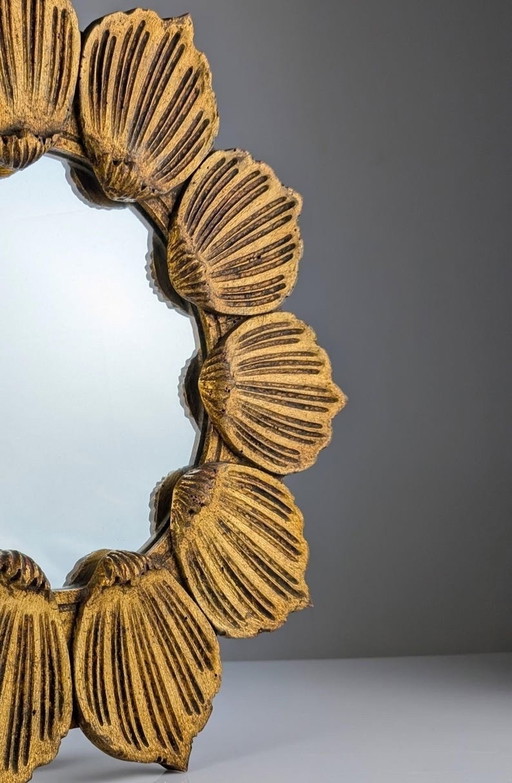 Floral Sunburst Mirror In Gilt Wood 1950S