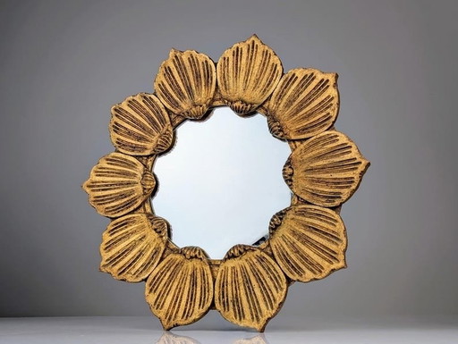 Floral Sunburst Mirror In Gilt Wood 1950S