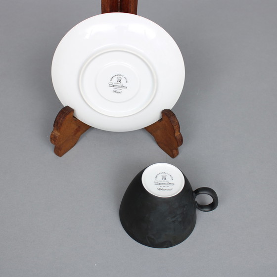 Image 1 of Raymond Loewy (1893-1986) set of 4, tea cups and saucers, Rosenthal Continental China, Script / Charcoal, Germany 