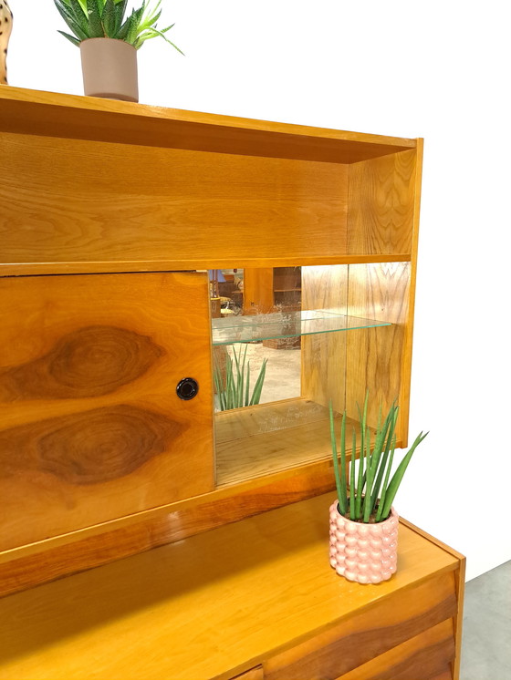 Image 1 of Walnut veneer display cabinet with drawers and mirror wall