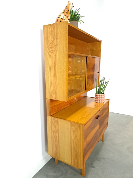 Image 1 of Walnut veneer display cabinet with drawers and mirror wall