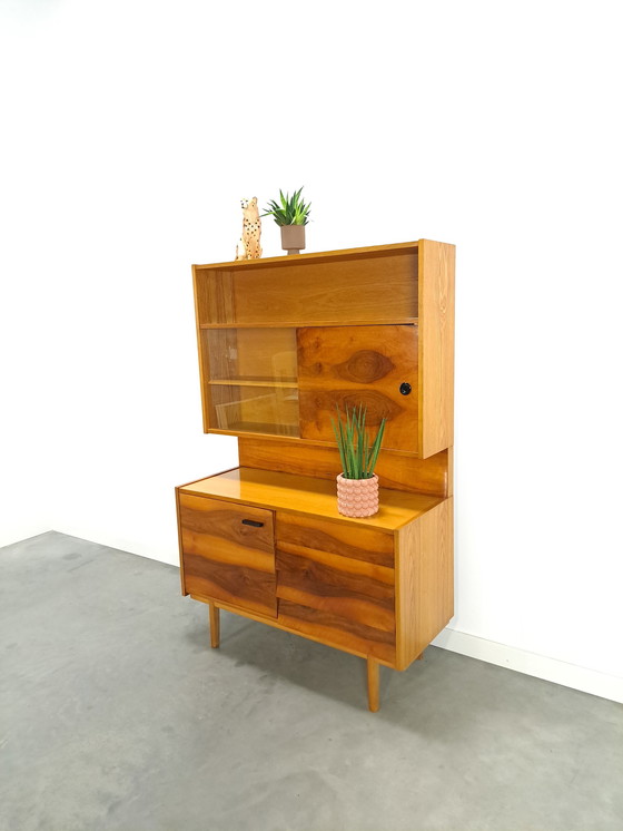 Image 1 of Walnut veneer display cabinet with drawers and mirror wall