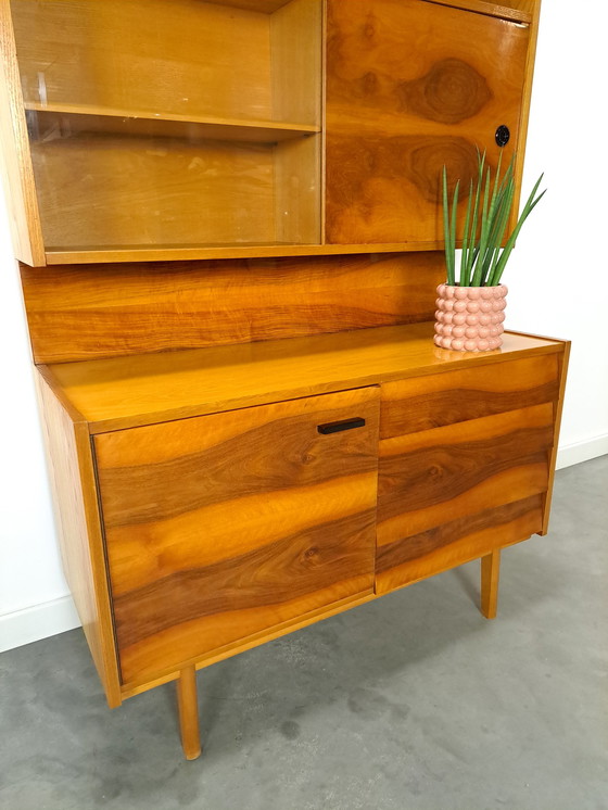 Image 1 of Walnut veneer display cabinet with drawers and mirror wall