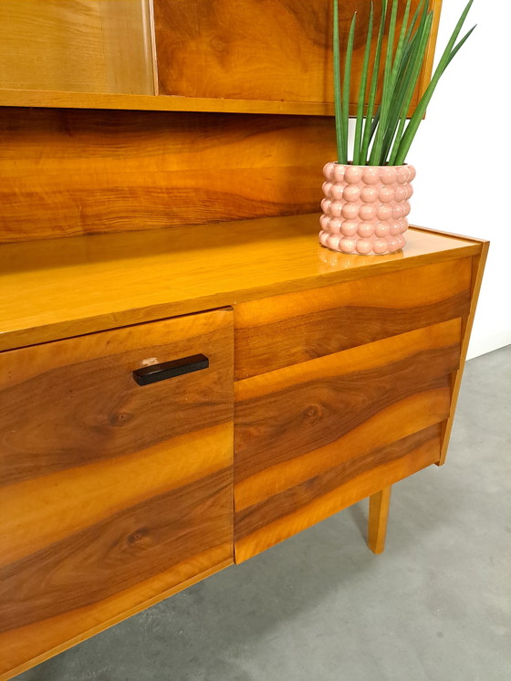 Image 1 of Walnut veneer display cabinet with drawers and mirror wall