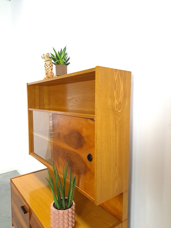 Image 1 of Walnut veneer display cabinet with drawers and mirror wall