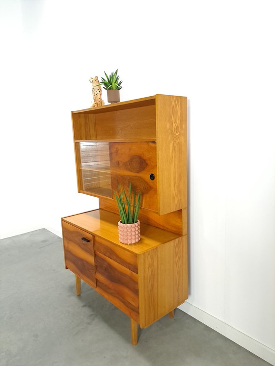 Image 1 of Walnut veneer display cabinet with drawers and mirror wall