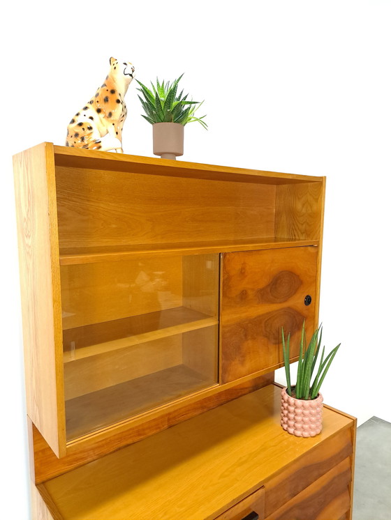 Image 1 of Walnut veneer display cabinet with drawers and mirror wall