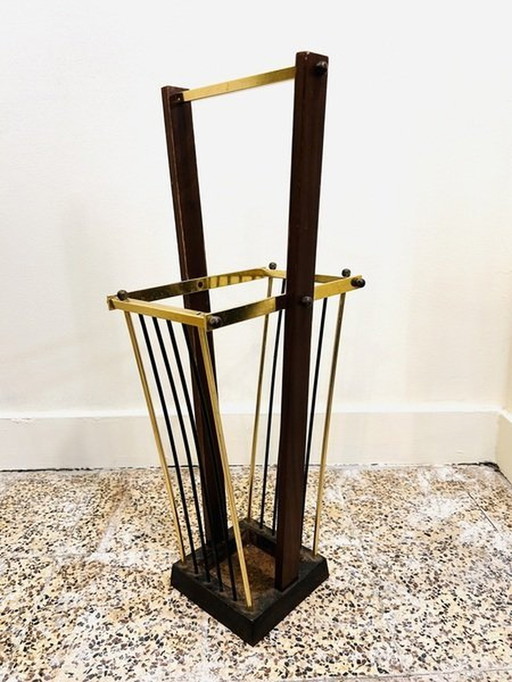 Vintage Brass and Wood Umbrella Stand
