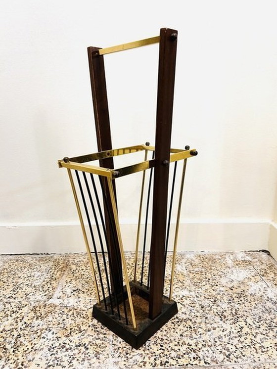 Image 1 of Vintage Brass and Wood Umbrella Stand
