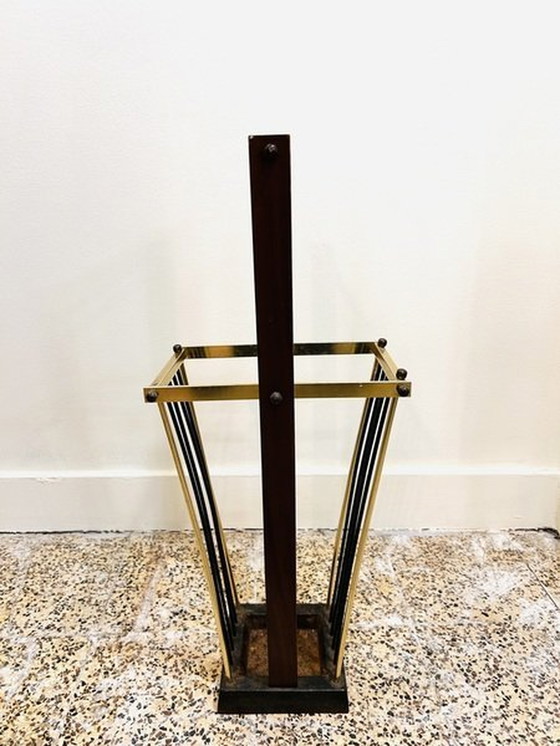 Image 1 of Vintage Brass and Wood Umbrella Stand
