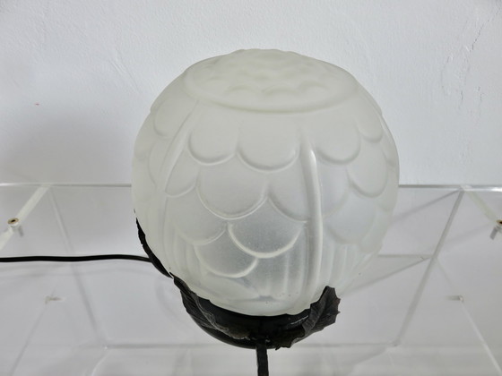 Image 1 of Art Deco Lamp In Frosted Glass And Wrought Iron In The Style Of Edgar Brandt, 30s 40s