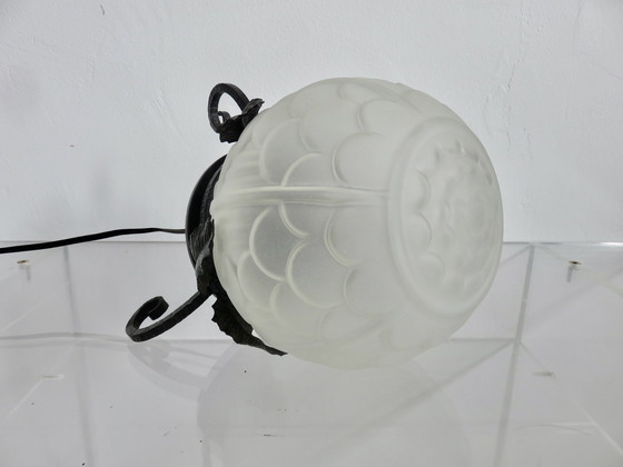 Image 1 of Art Deco Lamp In Frosted Glass And Wrought Iron In The Style Of Edgar Brandt, 30s 40s