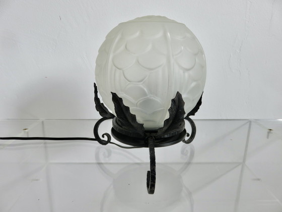 Image 1 of Art Deco Lamp In Frosted Glass And Wrought Iron In The Style Of Edgar Brandt, 30s 40s