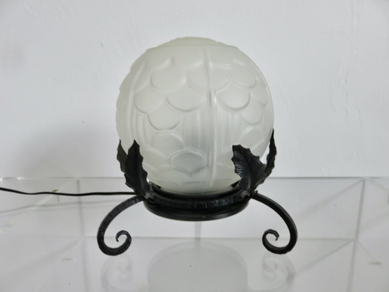 Image 1 of Art Deco Lamp In Frosted Glass And Wrought Iron In The Style Of Edgar Brandt, 30s 40s