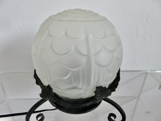 Image 1 of Art Deco Lamp In Frosted Glass And Wrought Iron In The Style Of Edgar Brandt, 30s 40s