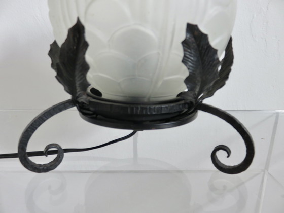 Image 1 of Art Deco Lamp In Frosted Glass And Wrought Iron In The Style Of Edgar Brandt, 30s 40s