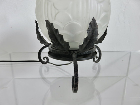 Image 1 of Art Deco Lamp In Frosted Glass And Wrought Iron In The Style Of Edgar Brandt, 30s 40s