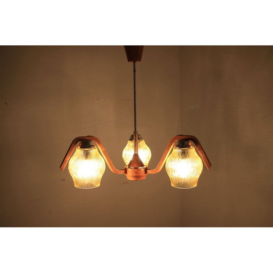 Image 1 of Vintage glass and wood curved suspension, Czechoslovakia 1960