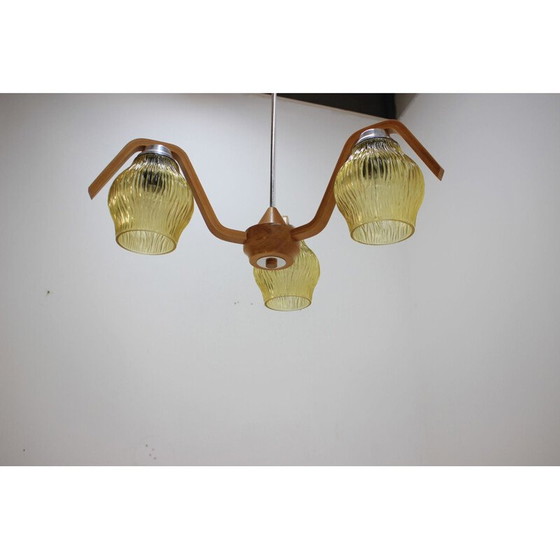 Image 1 of Vintage glass and wood curved suspension, Czechoslovakia 1960
