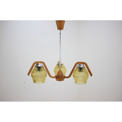 Vintage glass and wood curved suspension, Czechoslovakia 1960