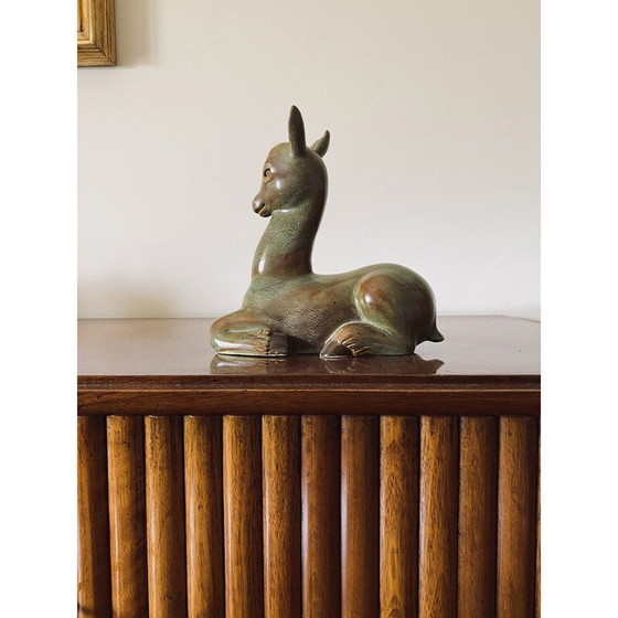 Image 1 of Vintage sculpted figure "crouching deer" in cerbiatto green by Giovanni Gariboldi, Italy 1940