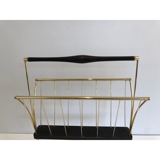 Image 1 of Vintage magazine rack in blackened wood and brass, 1950