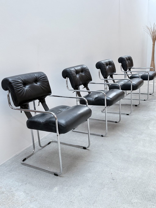 Set of 4 Guido Faleschini for i4Mariani "Tucroma" chairs leather black chrome, Italy 1970s