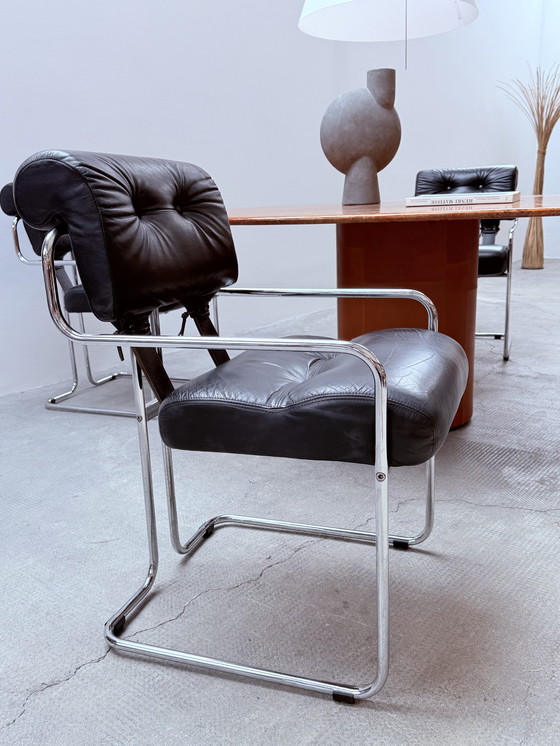 Image 1 of Set of 4 Guido Faleschini for i4Mariani "Tucroma" chairs leather black chrome, Italy 1970s
