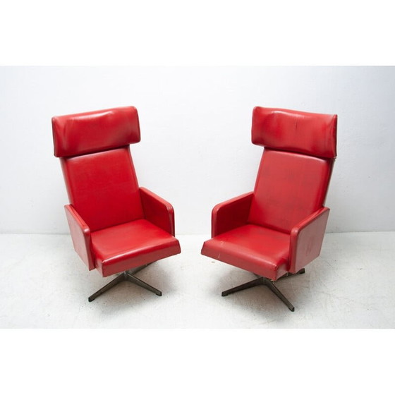 Image 1 of Pair of mid century Czechoslovak red swivel armchairs, 1970s