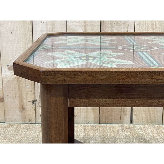 Image 1 of Vintage Art Deco side table in mahogany, fabric and glass