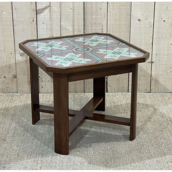Image 1 of Vintage Art Deco side table in mahogany, fabric and glass
