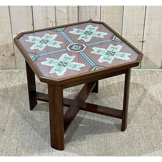 Image 1 of Vintage Art Deco side table in mahogany, fabric and glass