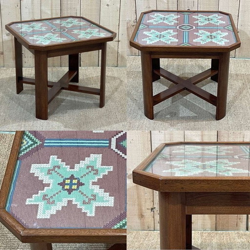 Vintage Art Deco side table in mahogany, fabric and glass