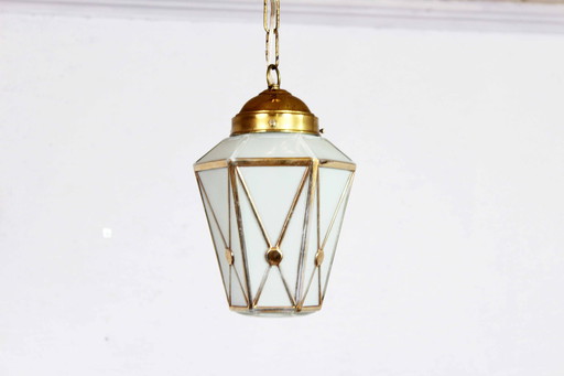 Art Deco Brass And Glass Hanging Lamp, France 1930