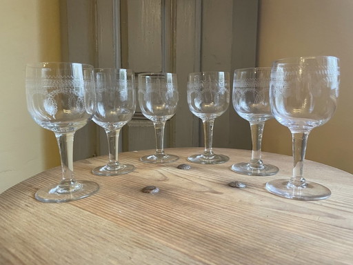 6 X 19th Century Hand Engraved Wine Glasses French