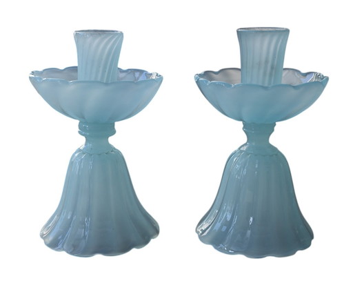 Pair of Murano Opal Glass Candle Holders