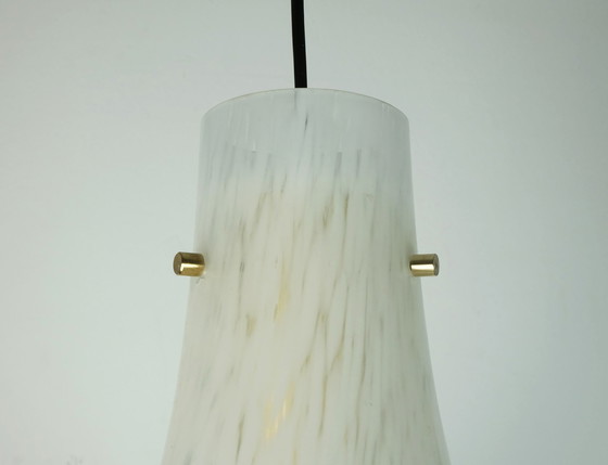 Image 1 of Large 1970S Glashuette Limburg Pendant Light White Opaline Bubble Glass Trumpet-Shaped Shade P283 4234