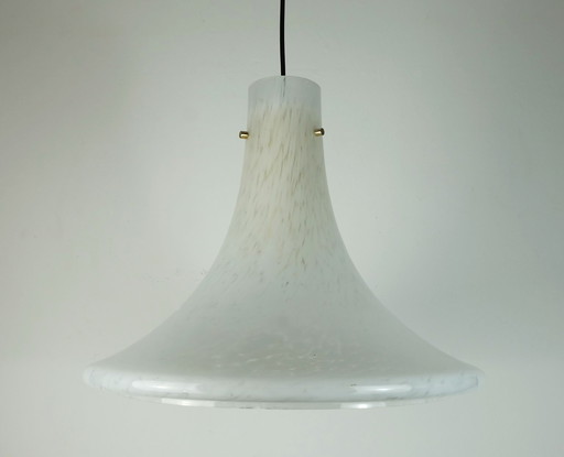 Large 1970S Glashuette Limburg Pendant Light White Opaline Bubble Glass Trumpet-Shaped Shade P283 4234