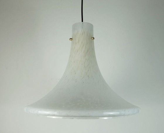 Image 1 of Large 1970S Glashuette Limburg Pendant Light White Opaline Bubble Glass Trumpet-Shaped Shade P283 4234