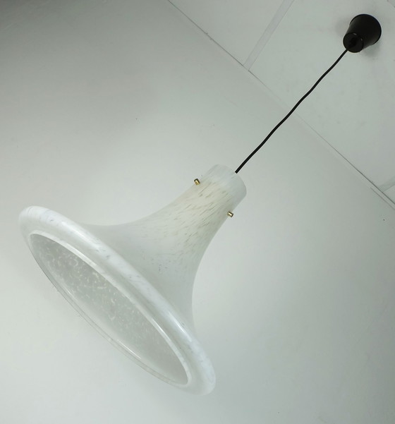 Image 1 of Large 1970S Glashuette Limburg Pendant Light White Opaline Bubble Glass Trumpet-Shaped Shade P283 4234