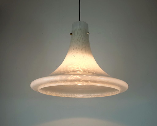 Large 1970S Glashuette Limburg Pendant Light White Opaline Bubble Glass Trumpet-Shaped Shade P283 4234