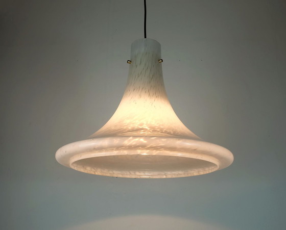 Image 1 of Large 1970S Glashuette Limburg Pendant Light White Opaline Bubble Glass Trumpet-Shaped Shade P283 4234