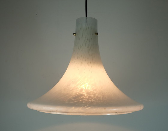 Image 1 of Large 1970S Glashuette Limburg Pendant Light White Opaline Bubble Glass Trumpet-Shaped Shade P283 4234