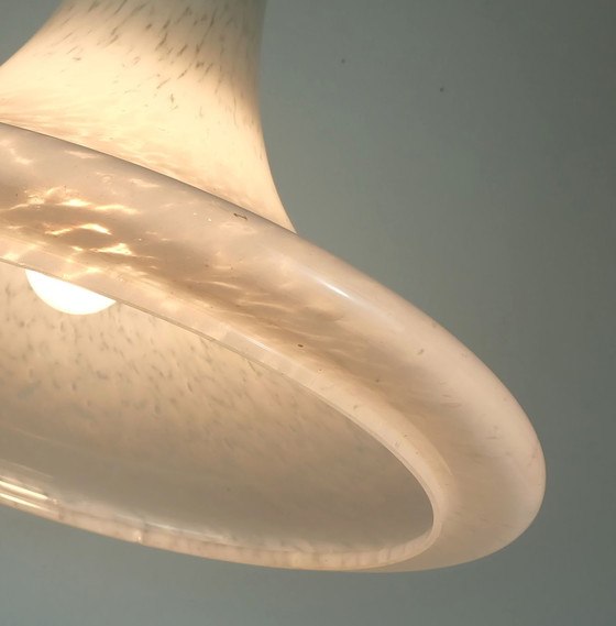 Image 1 of Large 1970S Glashuette Limburg Pendant Light White Opaline Bubble Glass Trumpet-Shaped Shade P283 4234