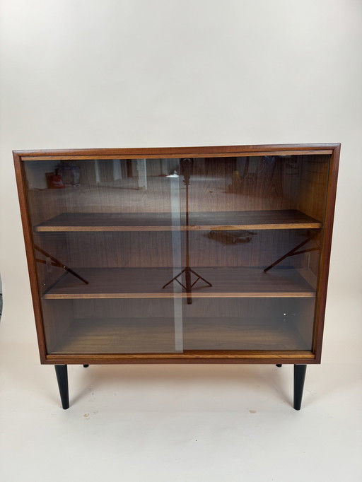 Mid - Century Teak Display Cabinet - Slim Glass Sliding Doors